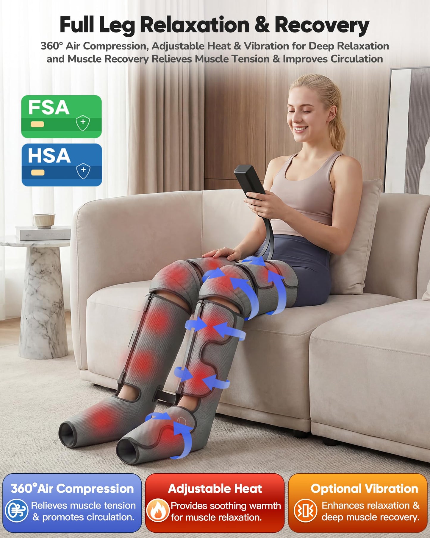 BESTJEEF Air Compression Leg Massager with Heat : Leg Massager for Circulation and Pain Relief - Sequential Compression Boots with 9 Intensity, 4 Modes, 3 Heating, Vibration, for Men Women