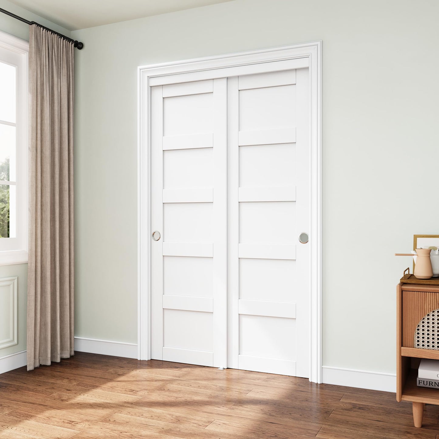JUJUBON Closet Sliding Door, 48"×80"(Double Barn Doors 25"), Double 5 Panel Sliding Door with Hardware Kit, Pre-Drilled Doors Panel, MDF with Paintable Surface, White, Need to Assemble