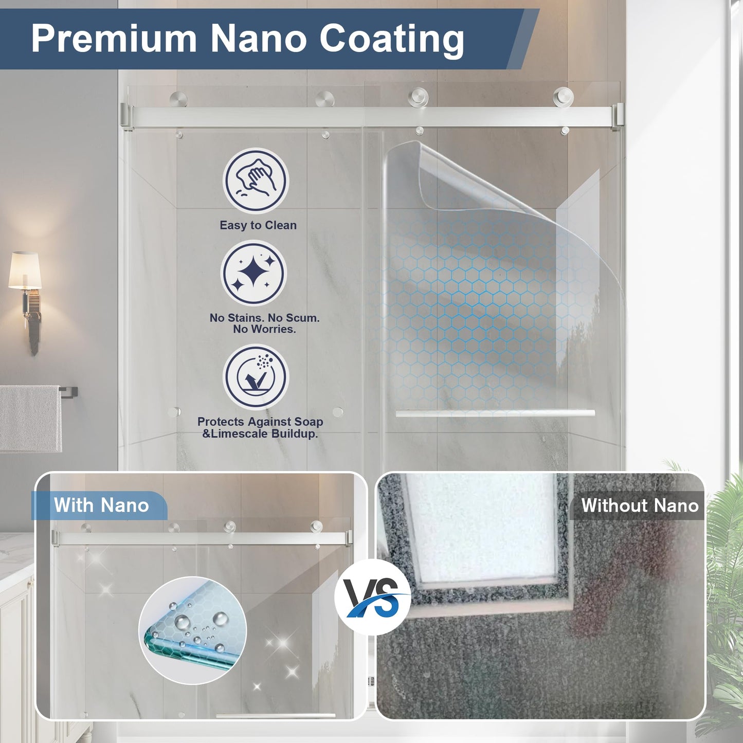 EASYWORC Frameless Double Sliding Shower Doors, 55-60" W x 76" H Shower Glass Door, 1/4" (6mm) Thick ANSI Certified Tempered Glass with Explosion-Proof Film and Nano Coating, Brushed Nickle