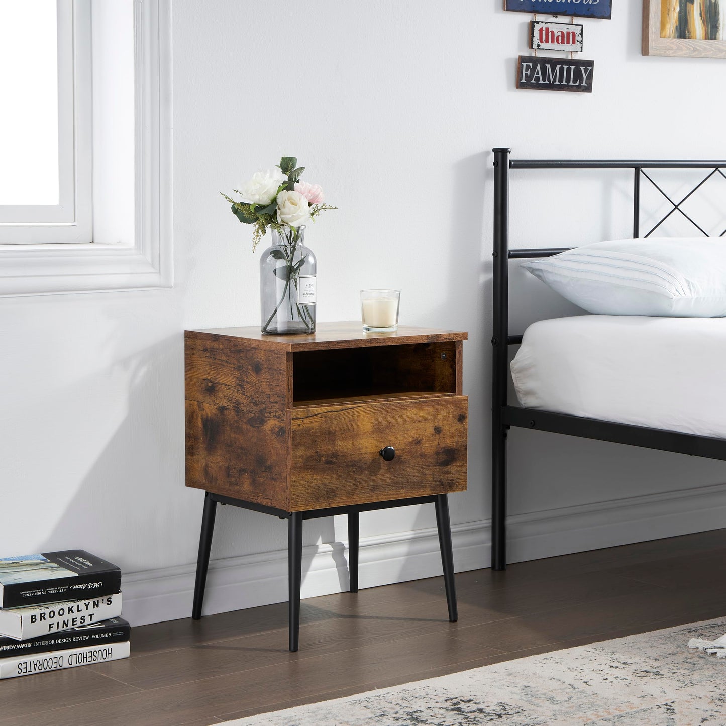 VECELO Modern Night Stand,Square Side Table,End Table with Drawer and Storage Space for Bedroom and Living Room, Bedside Table