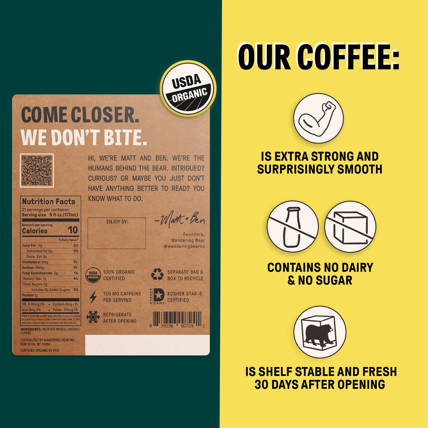 Wandering Bear Straight Black Organic Cold Brew Coffee On Tap, Iced Coffee Drink - Extra Strong, Bold, Smooth, No Sugar Added, Shelf-Stable, Ready to Drink & Vegan, 100% Organic - 128 fl oz (1 gallon)