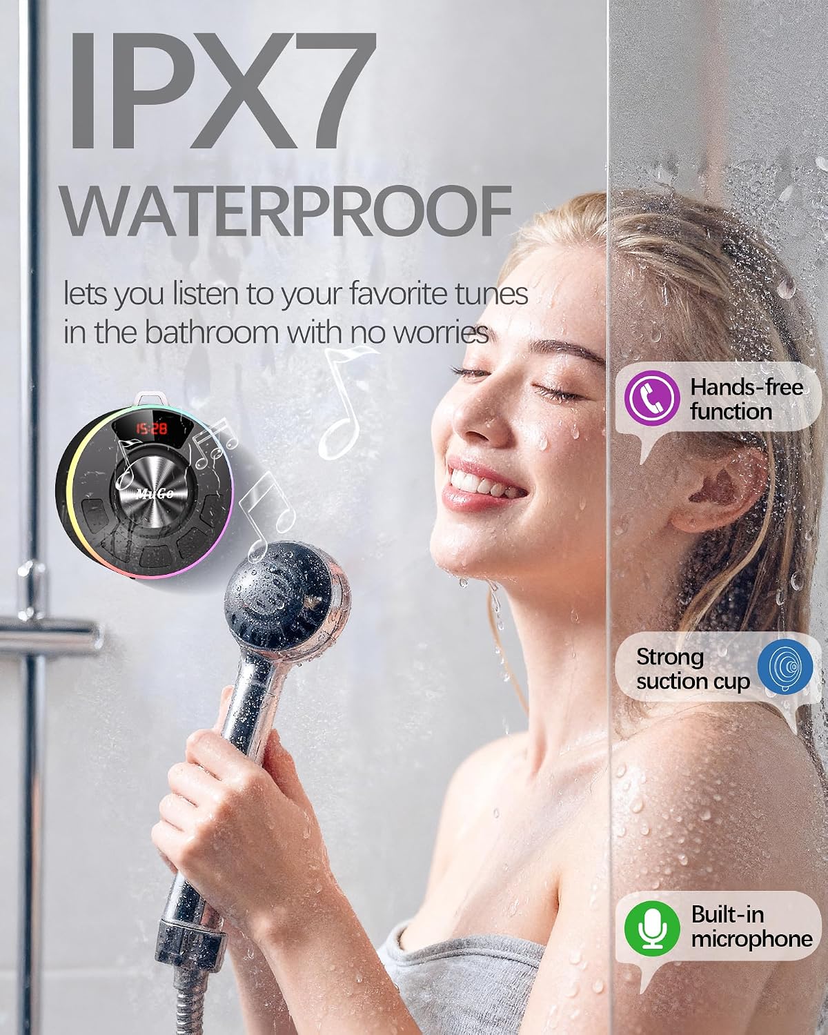 MuGo IPX7, 360 5.3 Shower Bluetooth Speaker Waterproof HD Stereo Sound Bathroom Speaker Bluetooth with RGB Lights