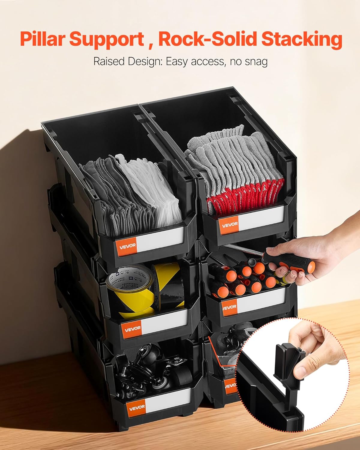 VEVOR Stackable Plastic Storage Bins - 6 Pack, 14.8 x 8.5 x 7.1 Inch, Ideal for Organizing Closet, Garage & Office Supplies - Black
