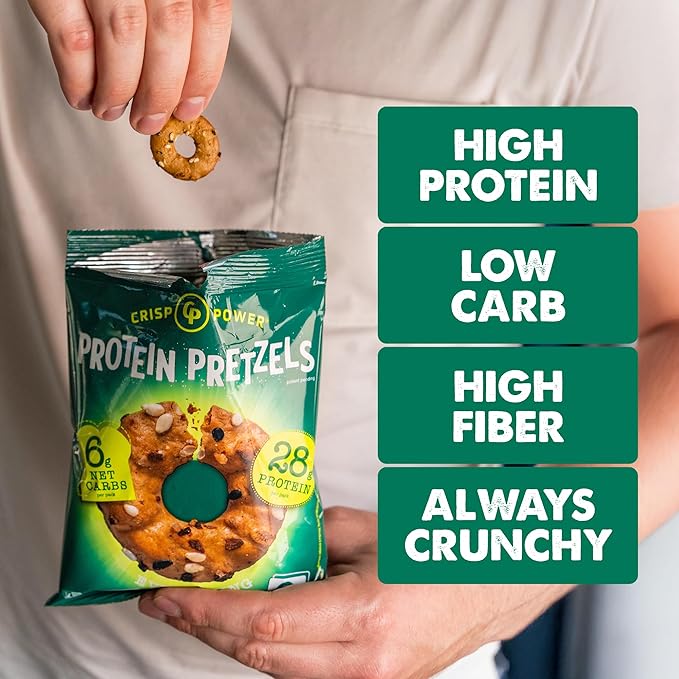 Crisp Power Protein Pretzels, Variety Pack With Sea Salt, Sesame, & Everything, Vegan Keto Snack, Plant Based Protein, Low Carb Crunchy Pretzel Snacks, Sugar Free, No Seed Oils, 1.75 Oz Bags, 6 Pack
