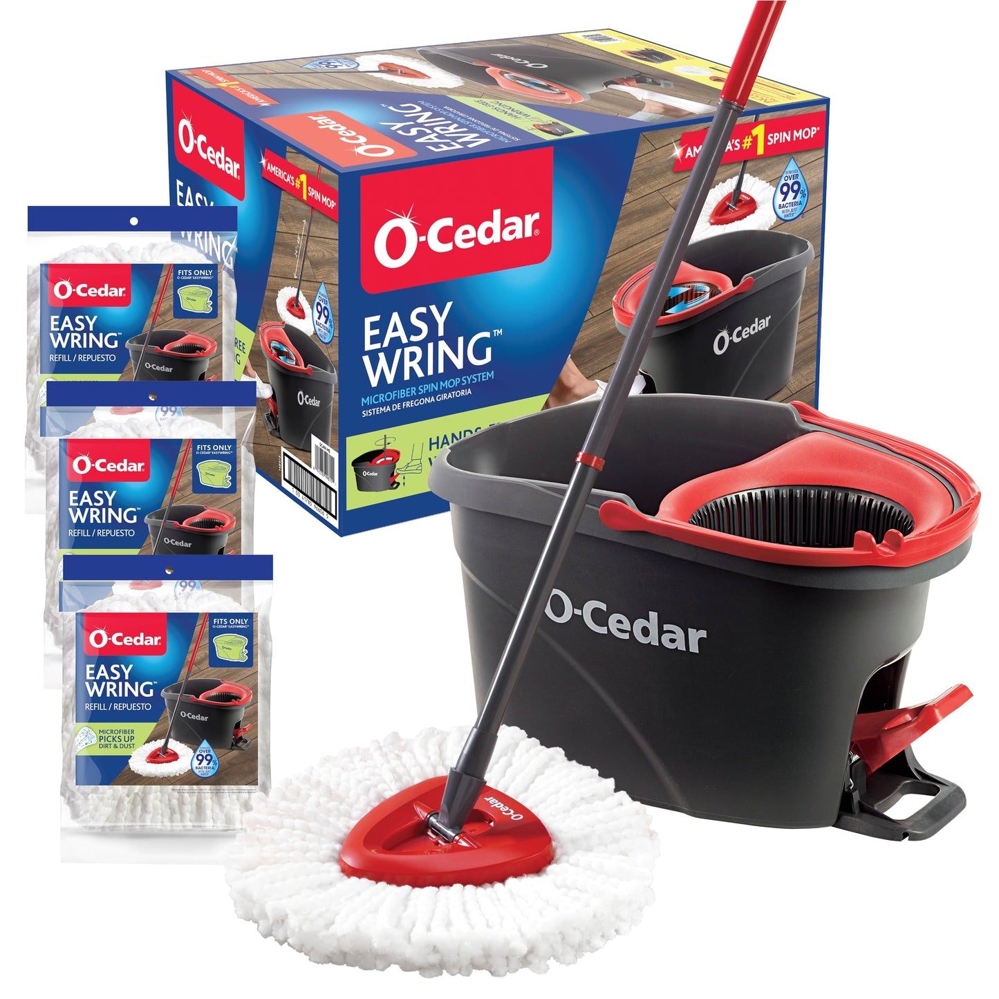 O-Cedar Easywring Microfiber Spin Mop & Bucket Floor Cleaning System + 3 Extra Refills (4 Refills Included)