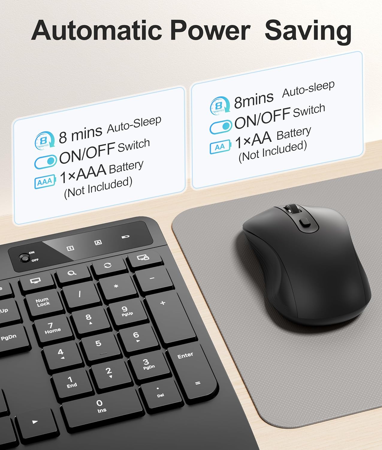 Hamile 3-Level 2.4GHz Quiet Wireless Keyboard and Mouse Combo DPI Silent Mouse, Full-Size Ergonomic Wrist Rest