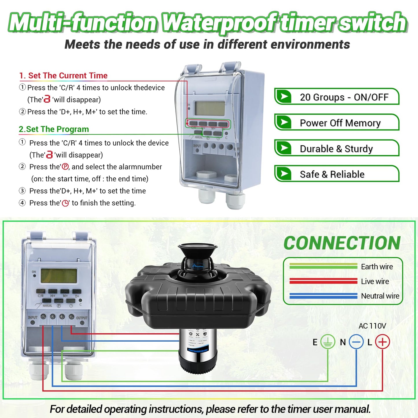 Pond Fountain Aerator, 1HP 750W Floating Fountain Aerator System for Outdoor Small Large Pond Lake, 110V 15000 GPH Fully Automatic Stainless Steel Fountain Pump with 100 Feet Power Cord