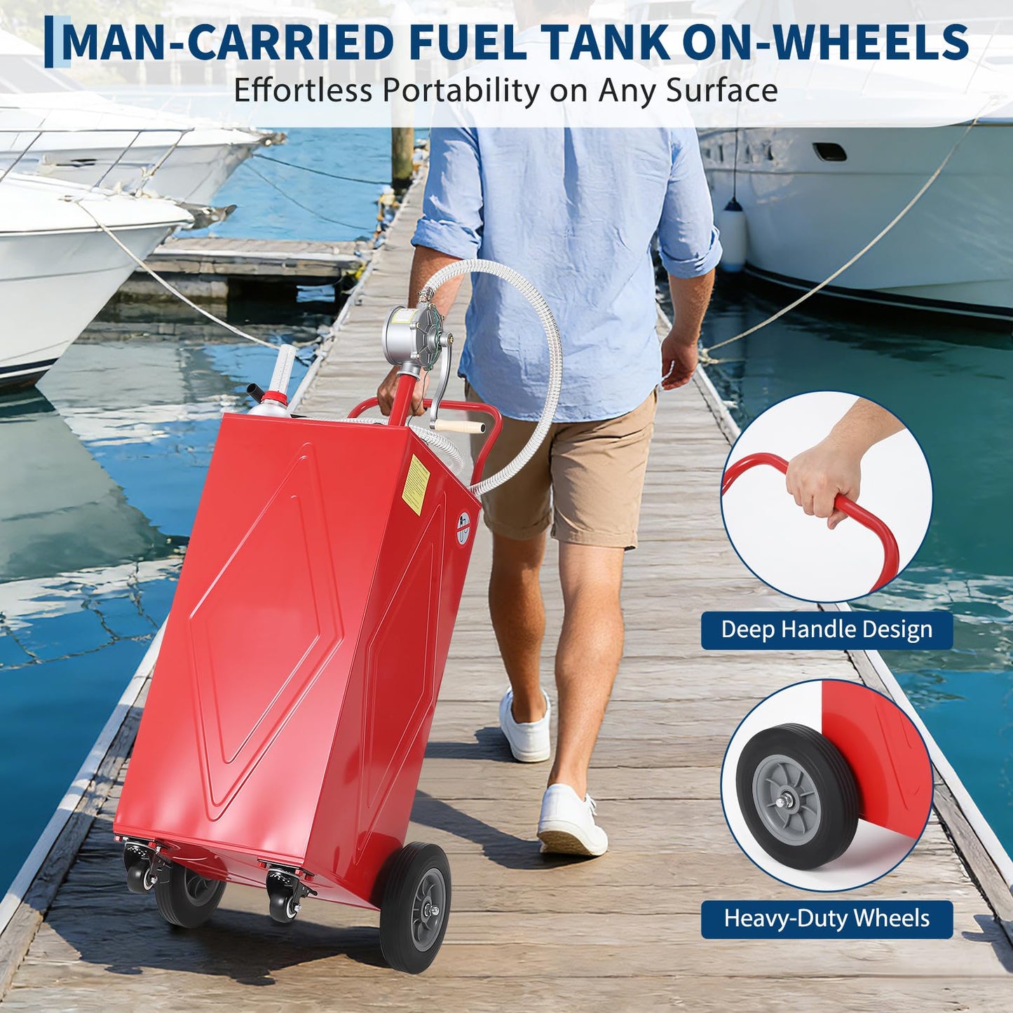 30 Gallon Portable Fuel Caddy with Manual Pump, Heavy Duty Mobile Fuel Transfer Tank On 4 Wheels, Gasoline & Diesel Storage Container for Trucks, Boats, ATVs, Lawn Mowers, Farm Equipment - Red