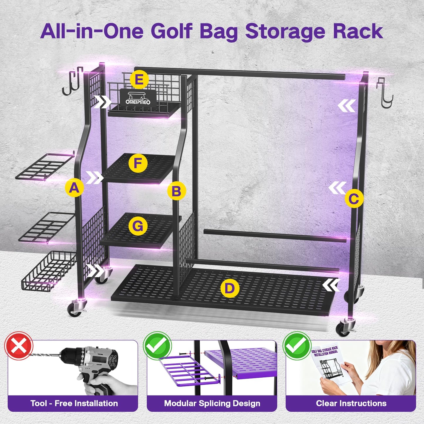 Golf Bag Storage Garage Organizer, Golf Bag Storage Stand and Other Golfing Equipment Accessories Rack, Golf Bag Storage Rack with Wheels, Golf Organizer for Home, Garage, Club, Shed, Basement
