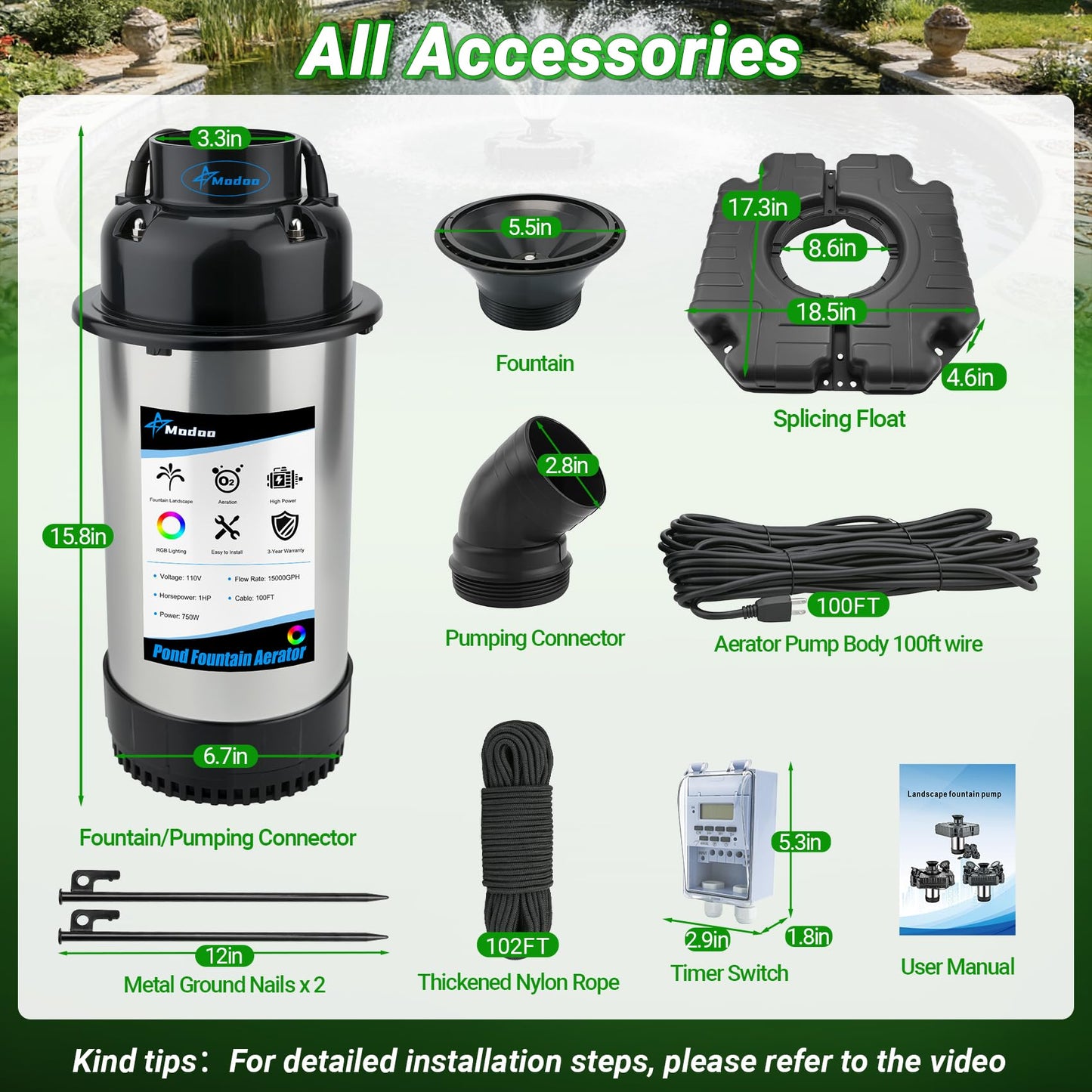 Pond Fountain Aerator, 1HP 750W Floating Fountain Aerator System for Outdoor Small Large Pond Lake, 110V 15000 GPH Fully Automatic Stainless Steel Fountain Pump with 100 Feet Power Cord