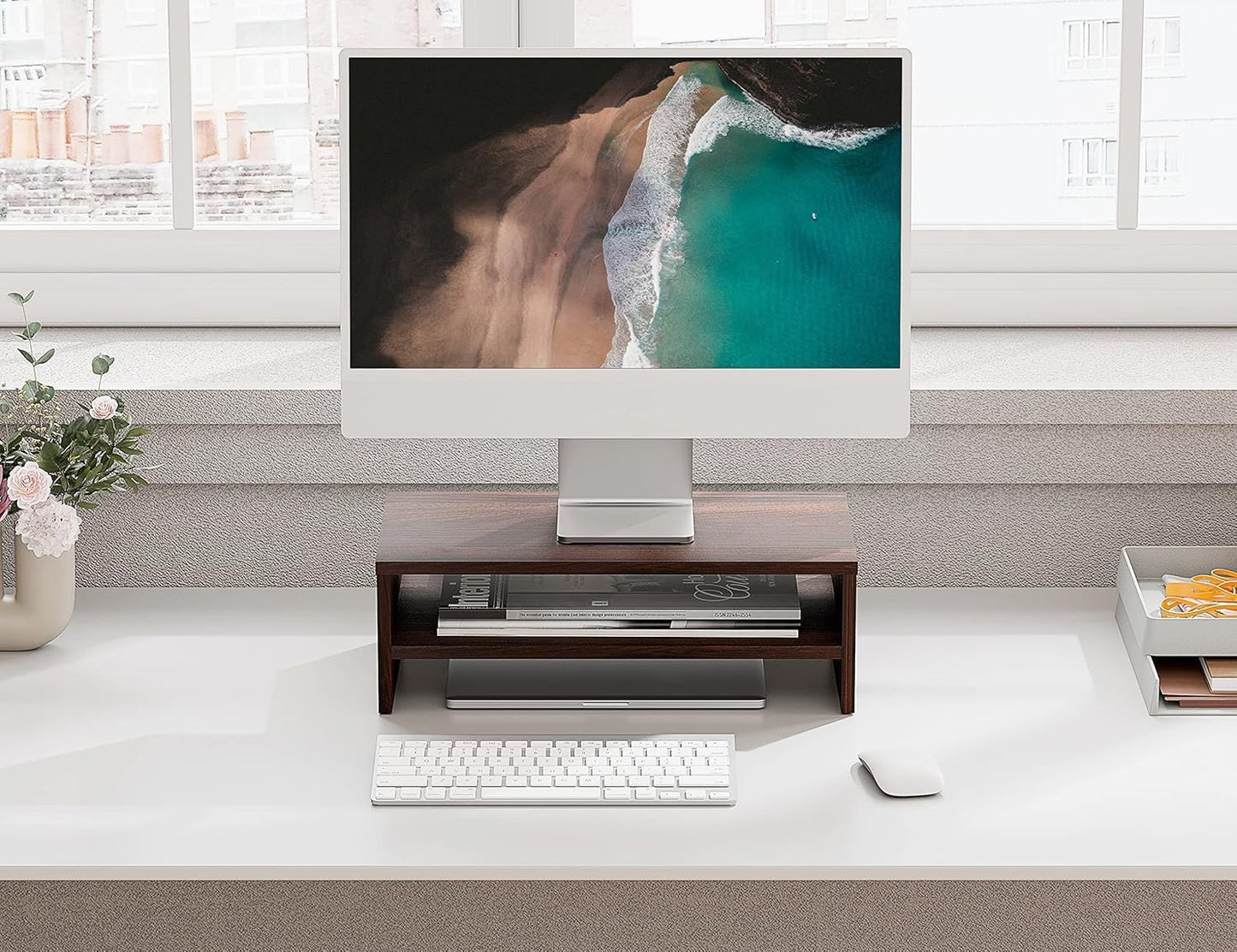 2 FITUEYES Monitor Stand - Tier Computer Monitor Riser Shelf, Wood Desktop Stand for Laptop Computer Screen, Desk