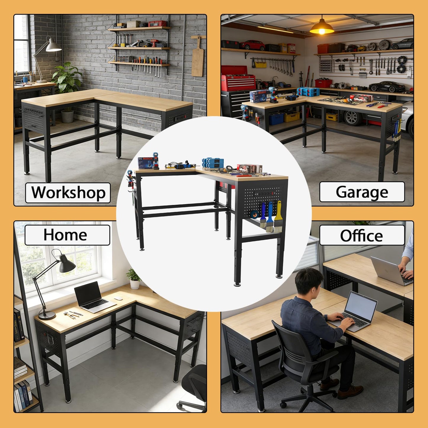 64" Heavy Duty L-Shaped Workbench with Power Outlets & Pegboard - 2000 LBS Capacity Adjustable Height Work Table for Garage, Workshop, Crafting - Matte Black & Hardwood (64"x48")