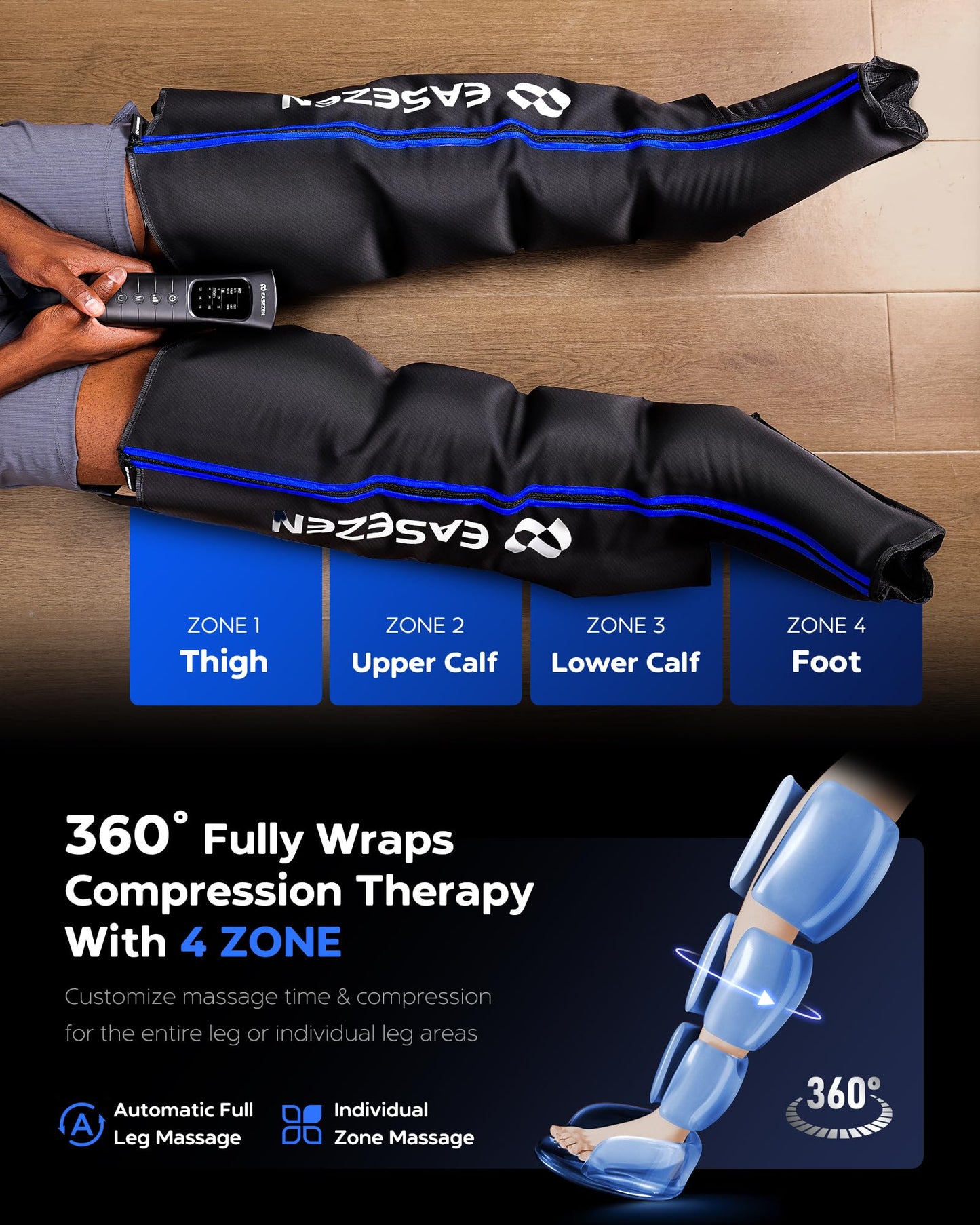 EaseZen Leg Compression Massager for Circulation and Pain Relief, Leg Recovery Compression System for Fast Recovery of Foot, Calf and Thigh, Relieve Edema, Reduce Muscle Fatigue