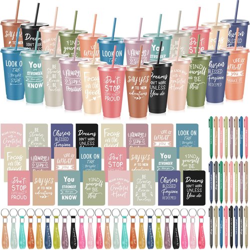 Hollowfly 24 Sets / 96 Pcs Inspirational Gifts Bulk for Employee Appreciation, 24 oz Plastic Cups and Pens Notebooks Keychains Set, Group Gifts for Office Staff Coworkers (Morandi)
