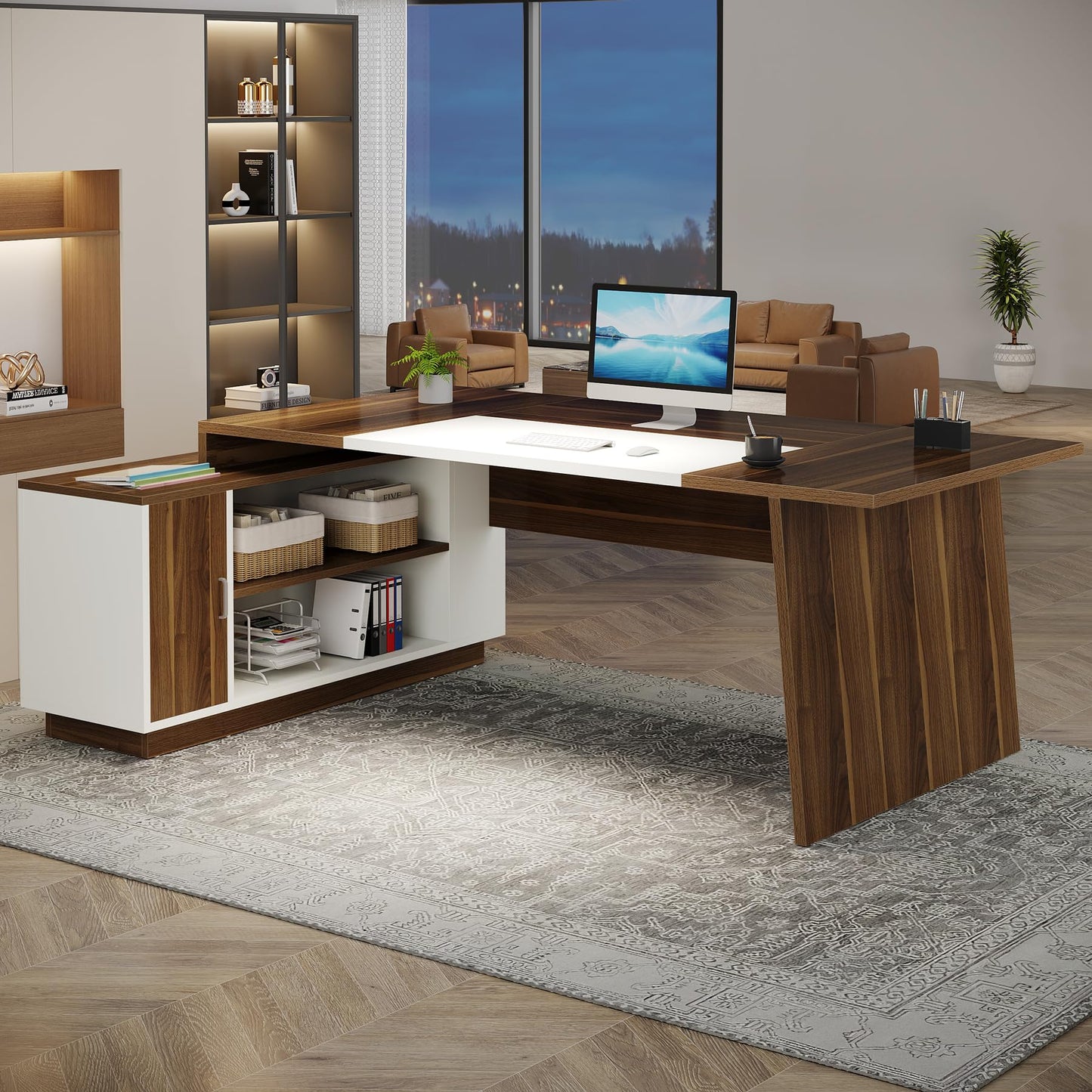 Tribesigns L-Shaped Executive Office Desk, 70.5-Inch Mid-Century Modern Executive Desk with Storage Cabinet and Shelves, Large Computer Desk for Home Office, Brown + White