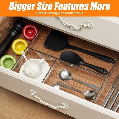 Criusia Clear Drawer Organizer Set - 6 Large Acrylic Trays for Kitchen, Bathroom & Office Storage