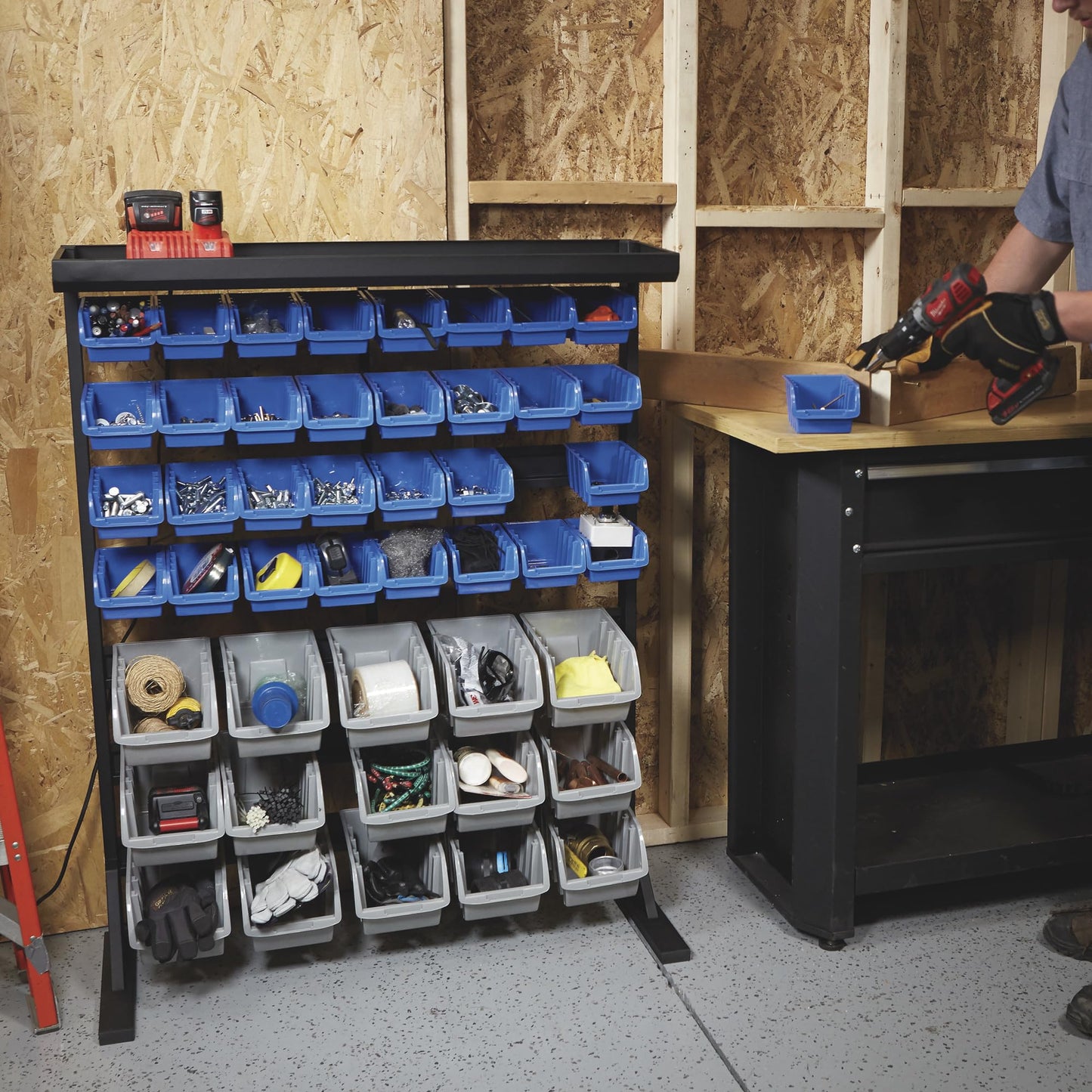 Strongway Single Side Bulk Storage Rack Unit with 47 Assorted Bins - 36 1/2in.W x 14in.D x 46in.H