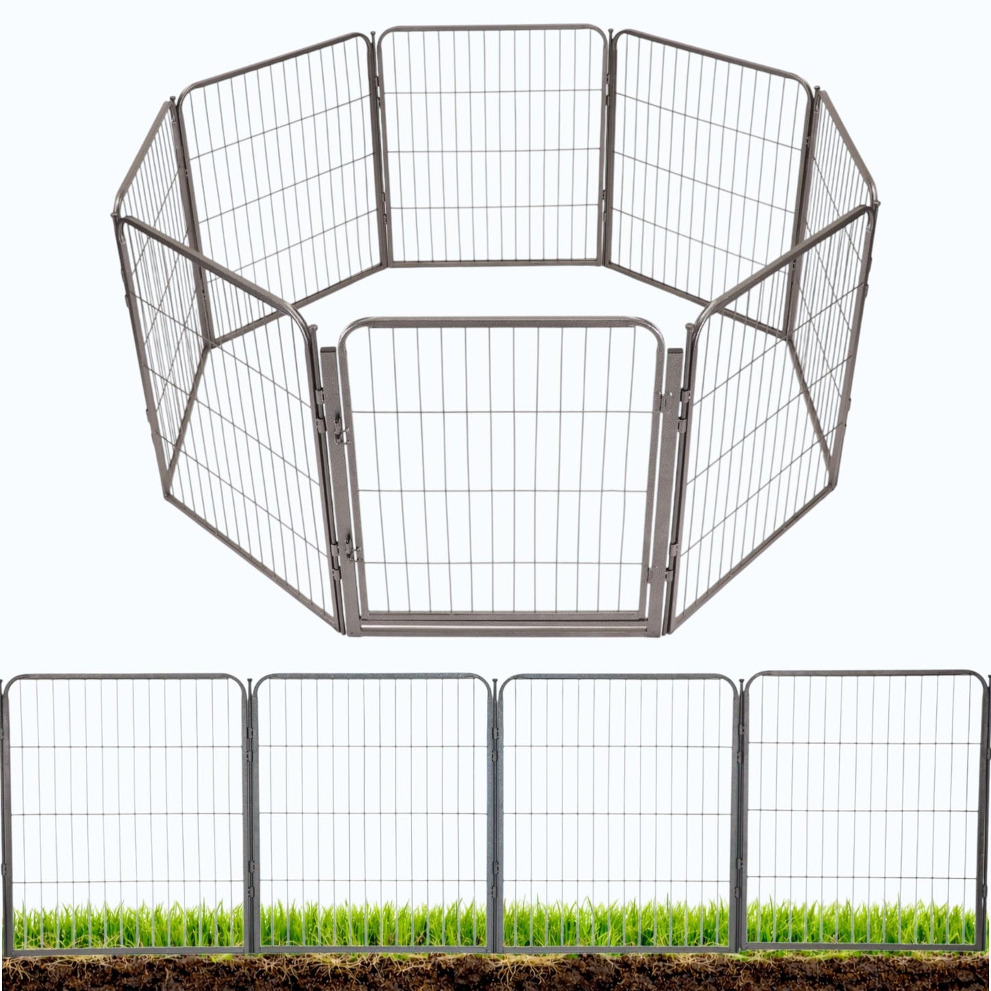 Kozy Kennels Decorative Outdoor Garden Fence - 32in, 8 Panels - Grey Heavy Duty Metal Fencing w/Anti-Rust Coating & Extra Wide Gate for Yard, Flower Bed Border, Dog & Animal Barrier