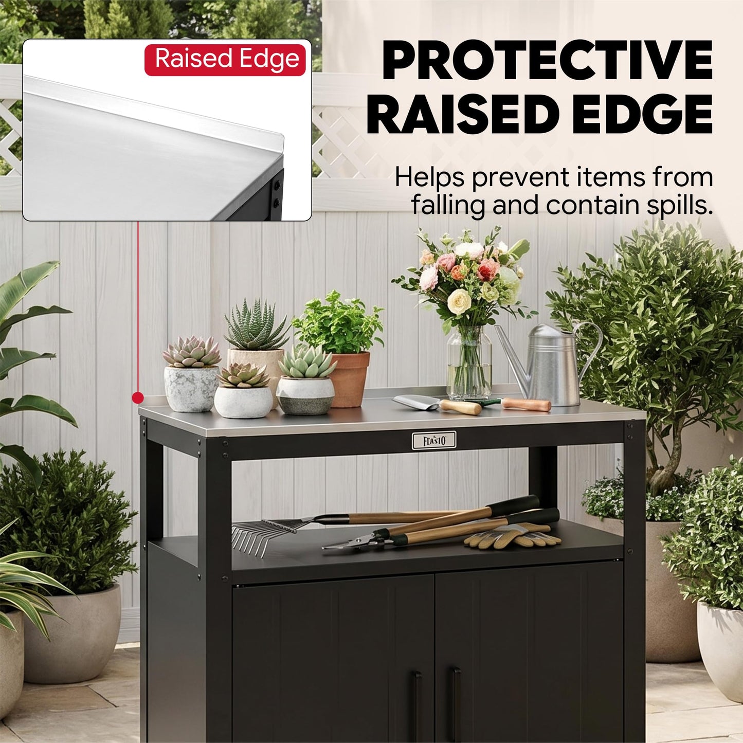 Feasto Outdoor Potting Bench with Storage, Stainless Steel Tabletop Garden Work Bench with Storage Cabinet & Removable Inner Shelf for Patio Lawn Outdoor Gardening