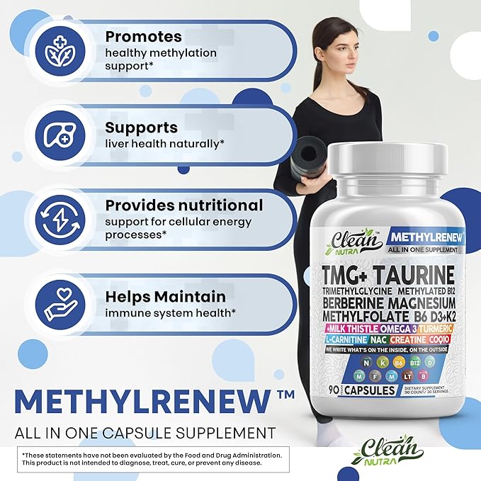 Clean Nutra TMG Supplements 1000mg | Methylated Multivitamin for Women Men | Taurine B6 Vitamins B12 D3 K2 Trimethylglycine Magnesium Methylfolate Milk Thistle NAC COQ10 B Supplement Complex Capsules