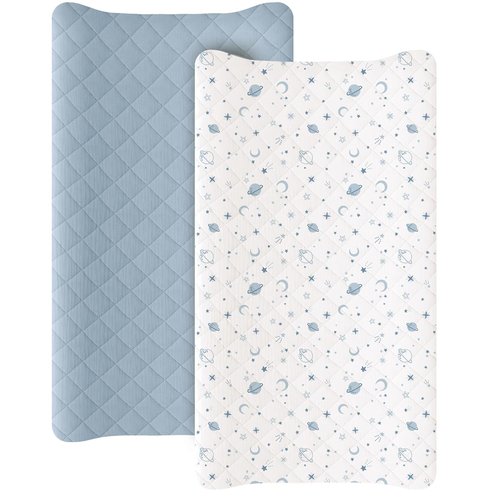 Konssy Waterproof Muslin Changing Pad Cover - Soft Quilted Cotton Fitted Sheets for Boys & Girls | 2 Pack (Star, Blue)