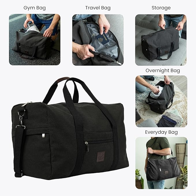 Duffle Bag ??Multipurpose Canvas Bag for Travel, Gym, Weekender, Carry On & More ??Durable, Spacious, Unisex Overnight Bag for Men & Women ??Perfect for Sports, and Everyday Use (Black)