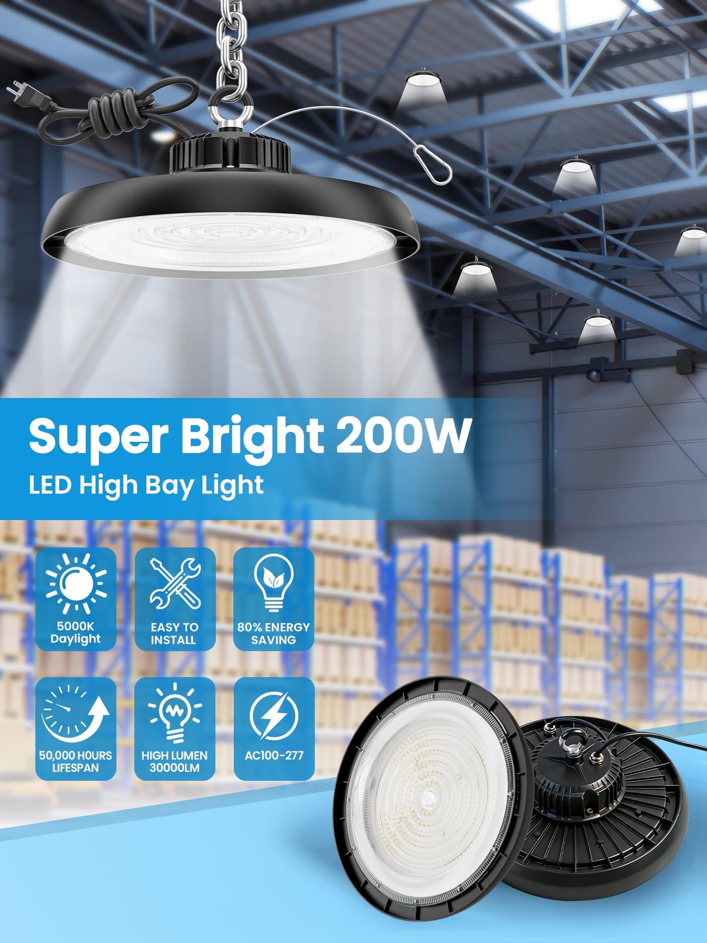 YAHOLUMIN 6Pack 200W UFO LED High Bay Lights, Ultra Bright 30000LM 5000K Daylight High Bay LED Shop Lights for Warehouse Workshop Garage with US Plug & Safety Rope Commercial Bay Lighting