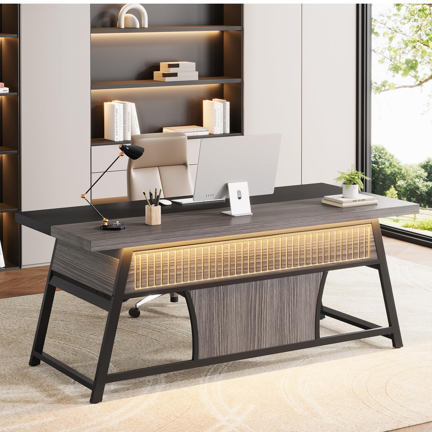 Condemo 63-inch Executive Desk with Storage Shelf, Large Home Office Desk with Metal Frame & LED Light, Long Computer Desks for Home Office, Gray and Black