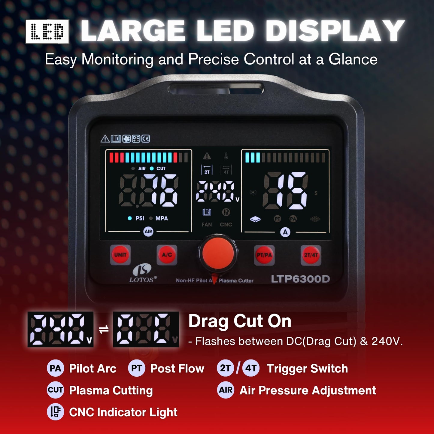 LOTOS Apex LTP6300DCNC | 63A CNC-Enabled Plasma Cutter, Drag-Cut Enables, Non-HF Blowback Pilot Arc, 3/4" Clean (1" Sever), THC/ARC OK, Dual-Voltage 110/220V, LED Controls, Portable Air Plasma Cutter