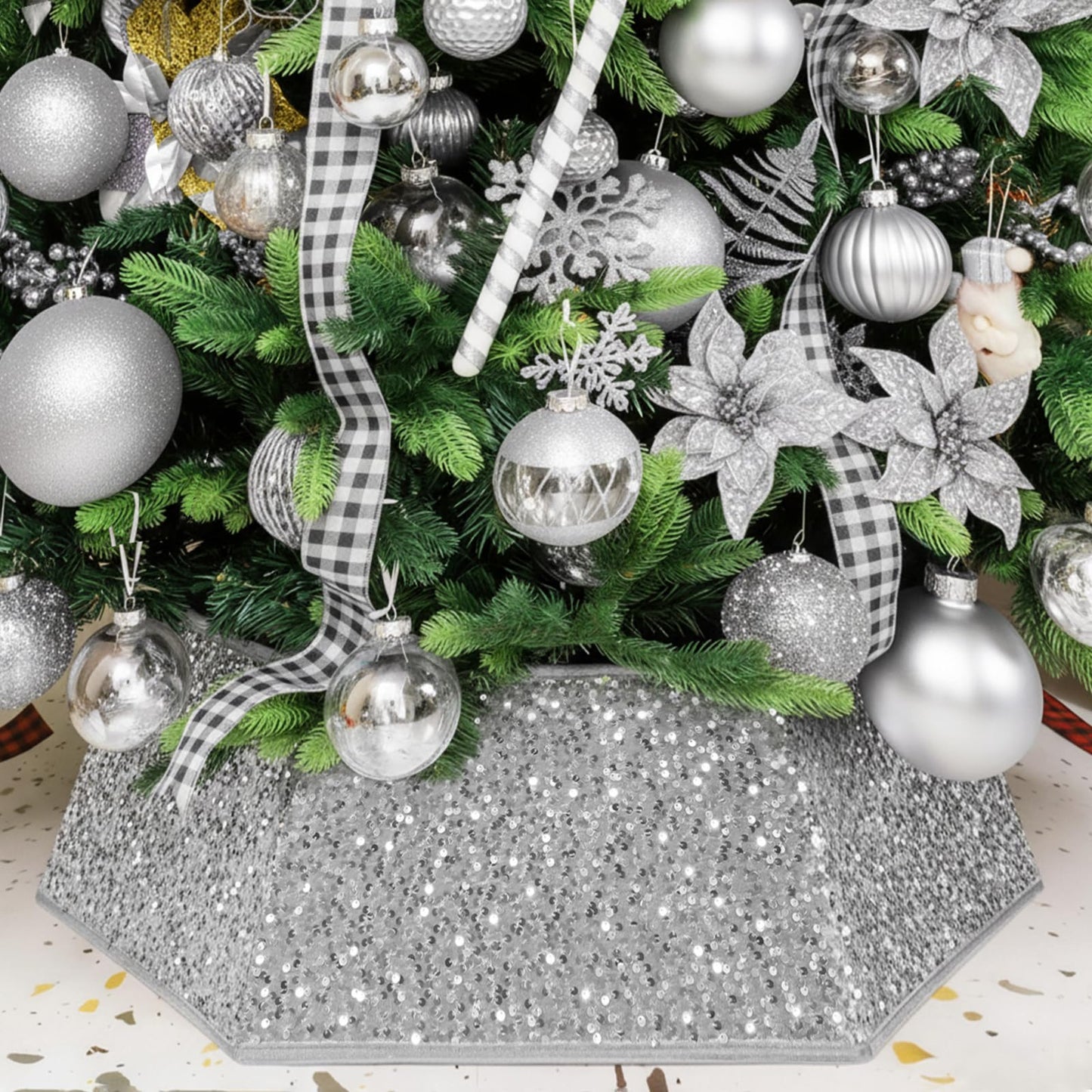 XmasExp Christmas Tree Collar 33.5 inch Sequin Tree Skirt for Christmas Holiday Home Decor Xmas Tree Ring Stand Base Cover Large Size 6 Piece Silvergrey