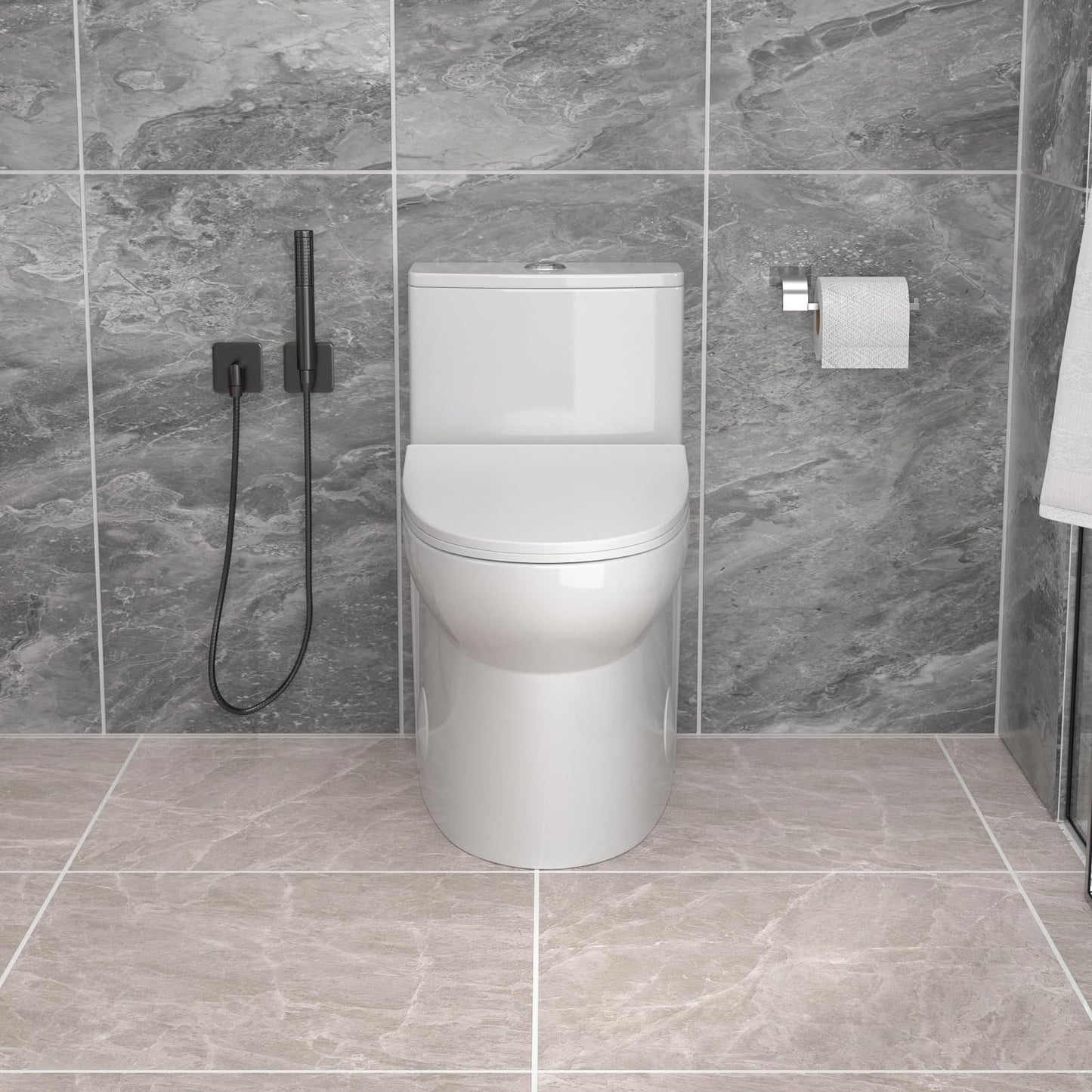 Donsdey Compact One Piece Toliet- Compact Toilet with 15.5'' Standard Seat Height Powerful Dual Fulsh Water Saving 1000g MAP ＆ 1.1/1.6 GPF 12'' Rough-in White Glossy Ceramic Toilets Bowl