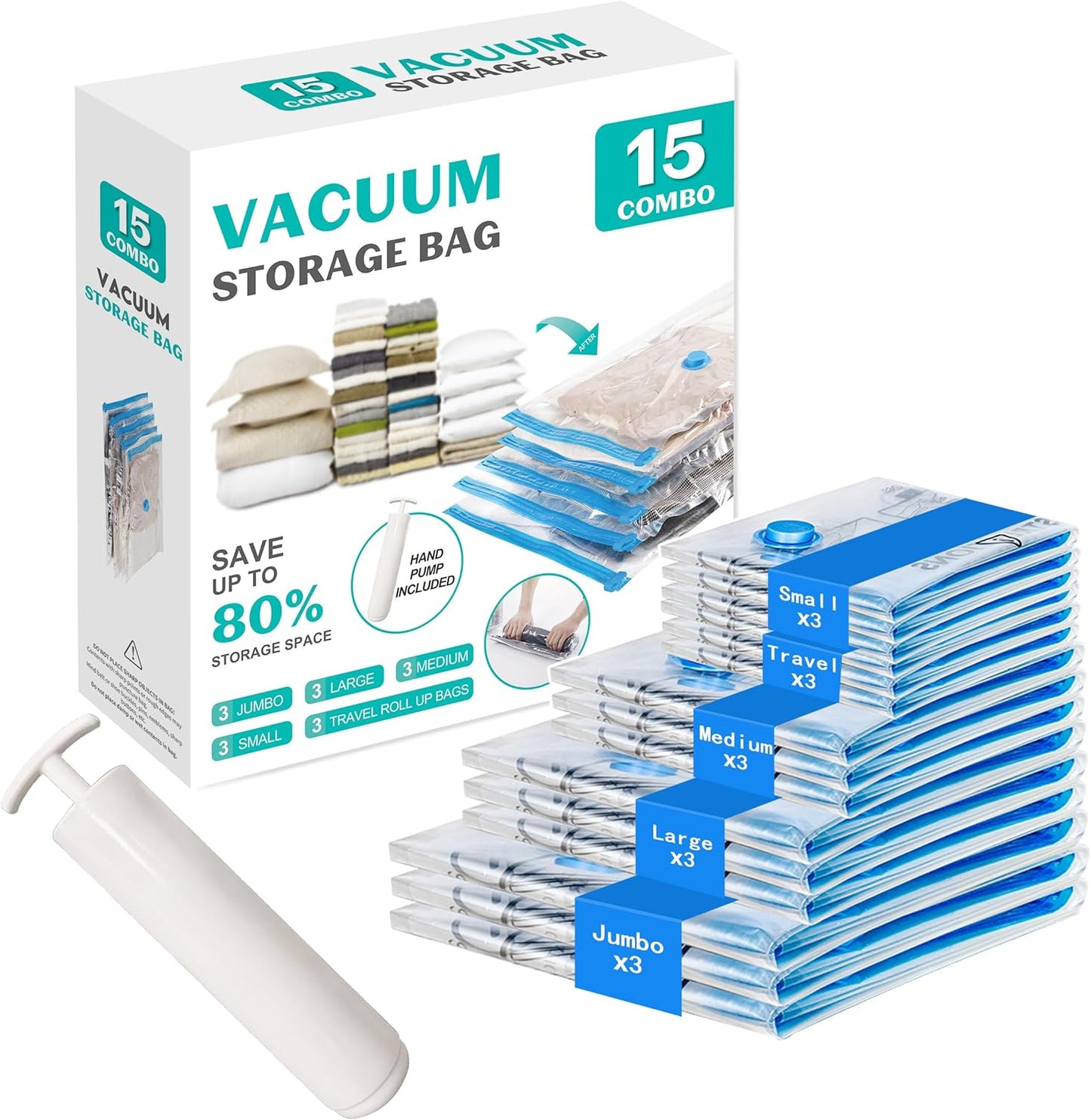 Skiennix Vacuum Seal Bags - 15 Pack Space Saver Storage for Clothing & Travel | Includes Hand Pump