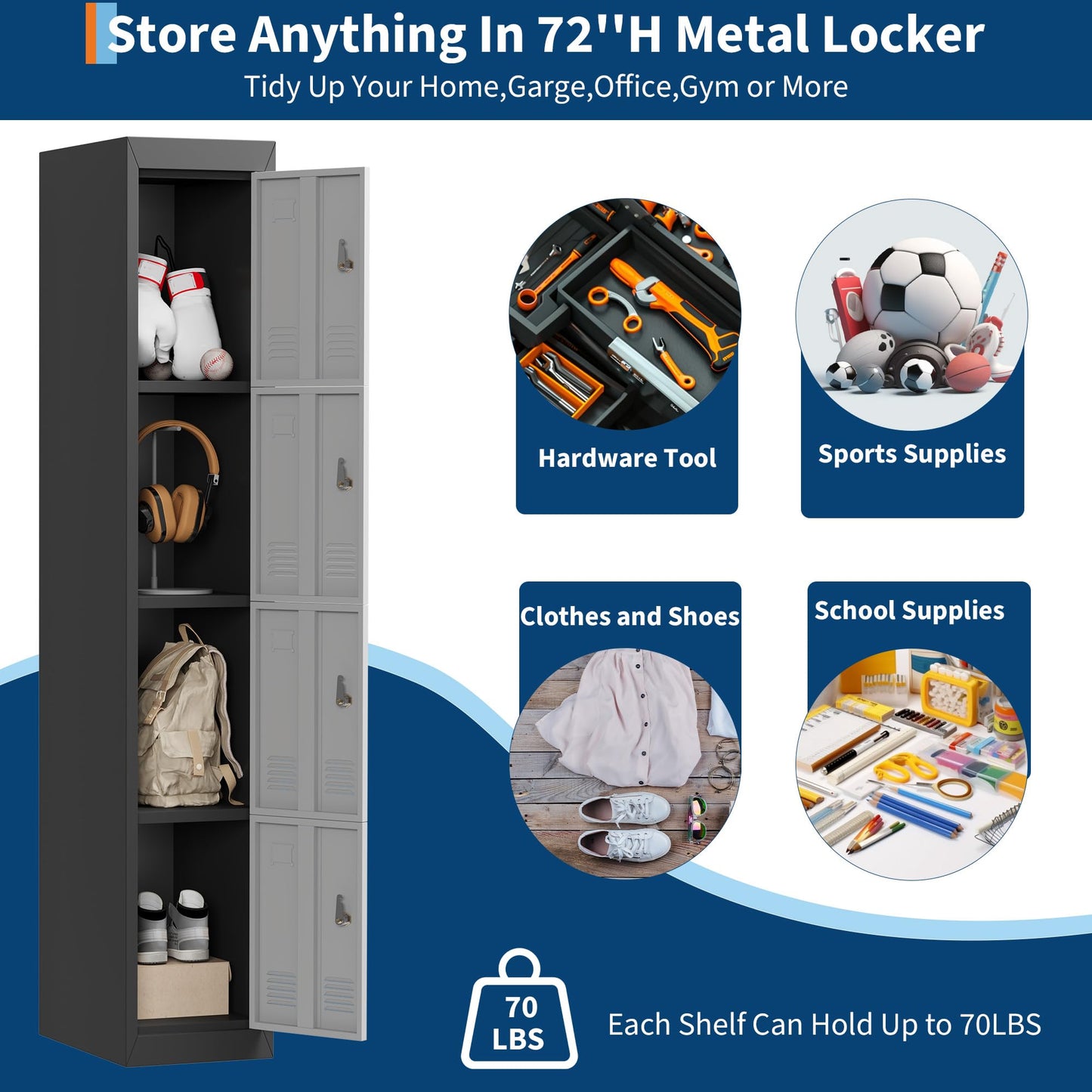 4 Doors Tall Single Metal Locker, Metal Lockers for Employees with Keys, 72" Black Employee Storage Cabinet with Doors, Steel Storage Cabinets Lockable for School, Gym, Home, Office, Mudroom, Black