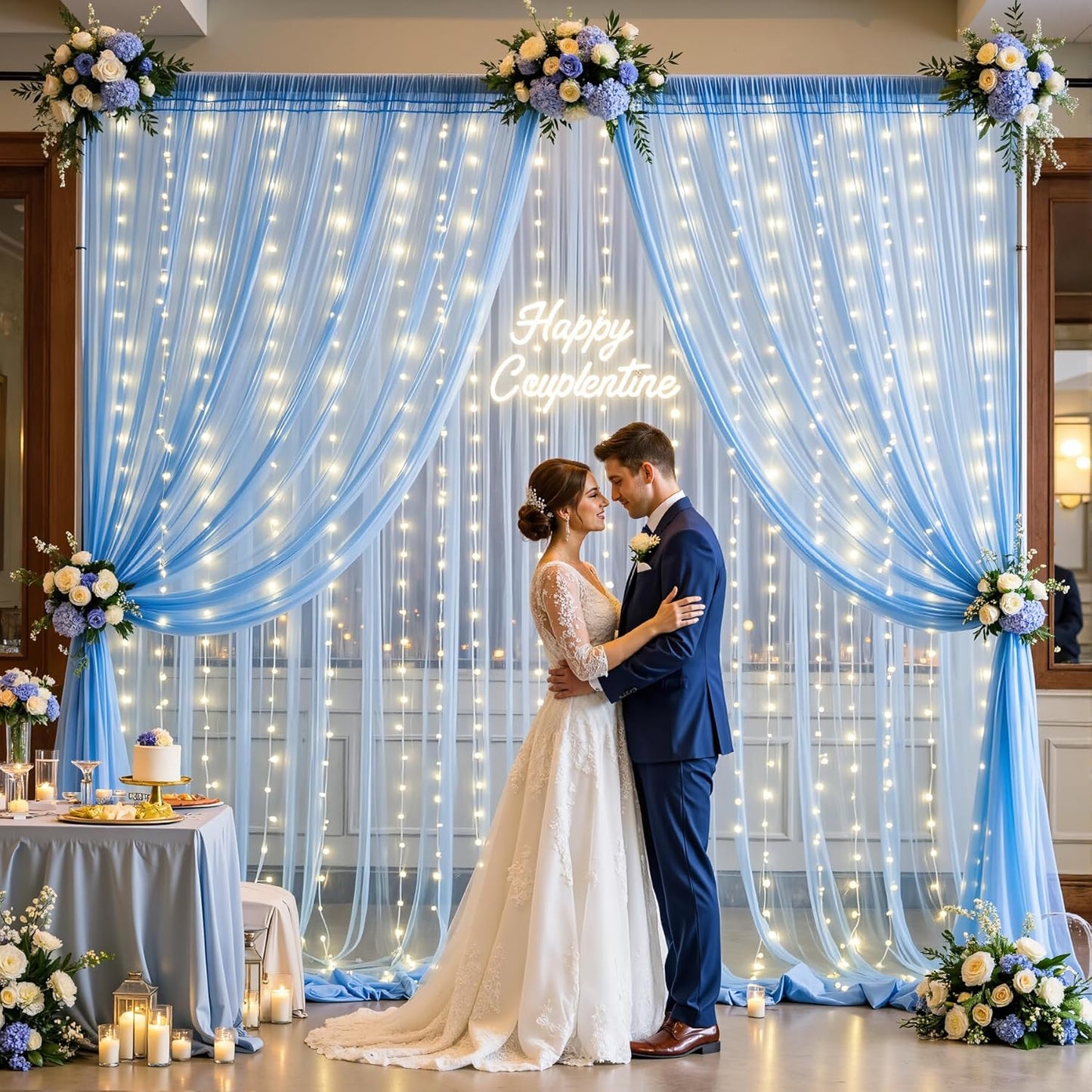 1012ft 2 512ft Baby Blue Sheer Tulle Backdrop Curtains with Lights String for Parties Baby Shower Decorations for Boy