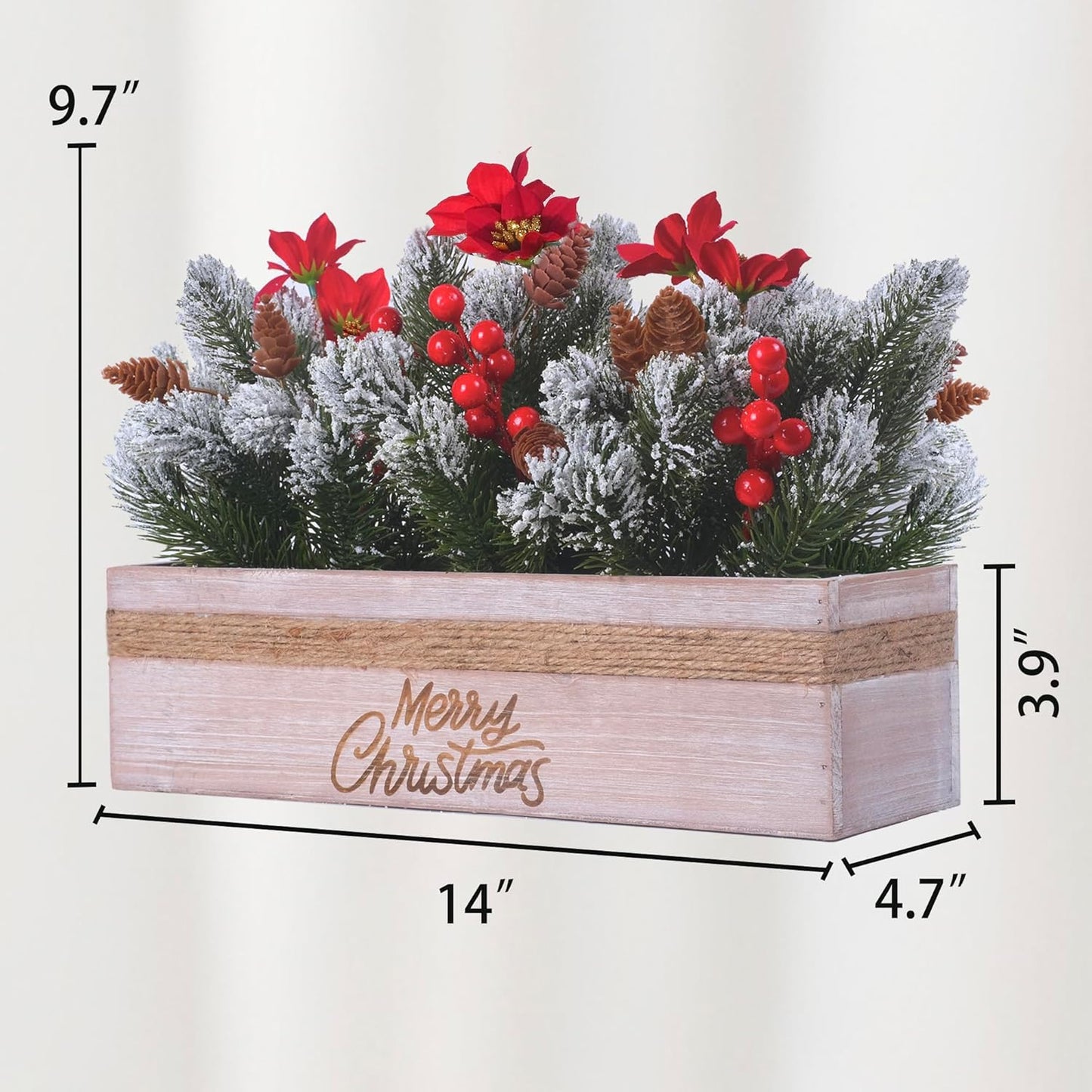 SVENJBB Christmas Table Centerpiece - Red Poinsettias & Snowy Norfolk Pine in Wooden Box | Festive Holiday Decor