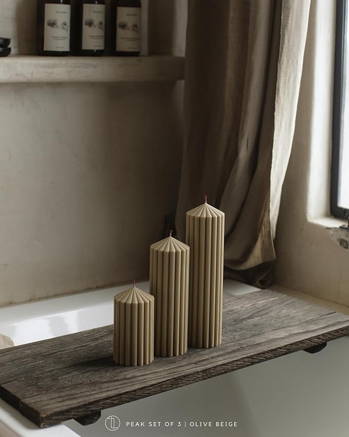 LAWA Ribbed Peak Pillar Candle - Large Beautiful Handmade Pillar Scented Soy Wax Candle Elegant Bubble Aesthetic Candle Housewarming Gift Home Room Shelf Decor Idea White (Set of 3, Olive Beige)
