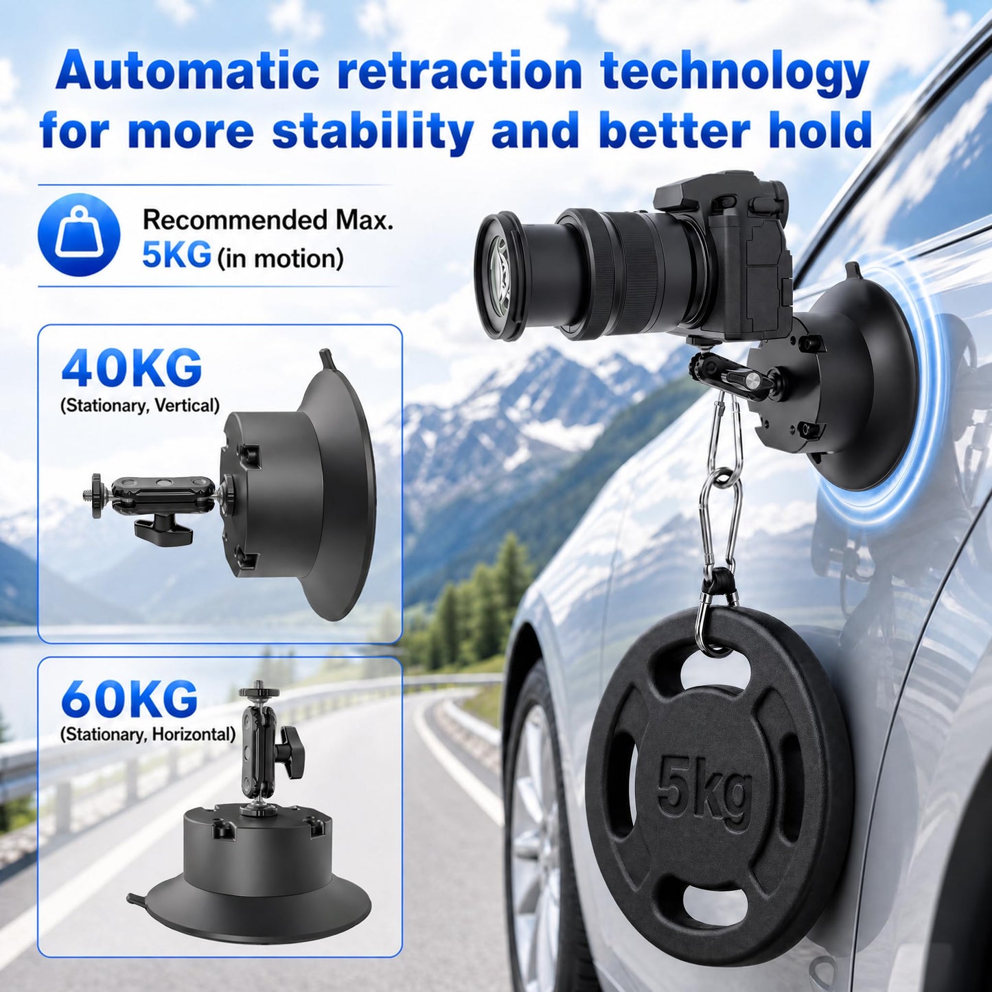 Jakenfou 6" Electric Camera Suction Cup Mount Kit with Display, 5KG Max, 1-Week Battery for Action Camera/Phone on Car/Windshield