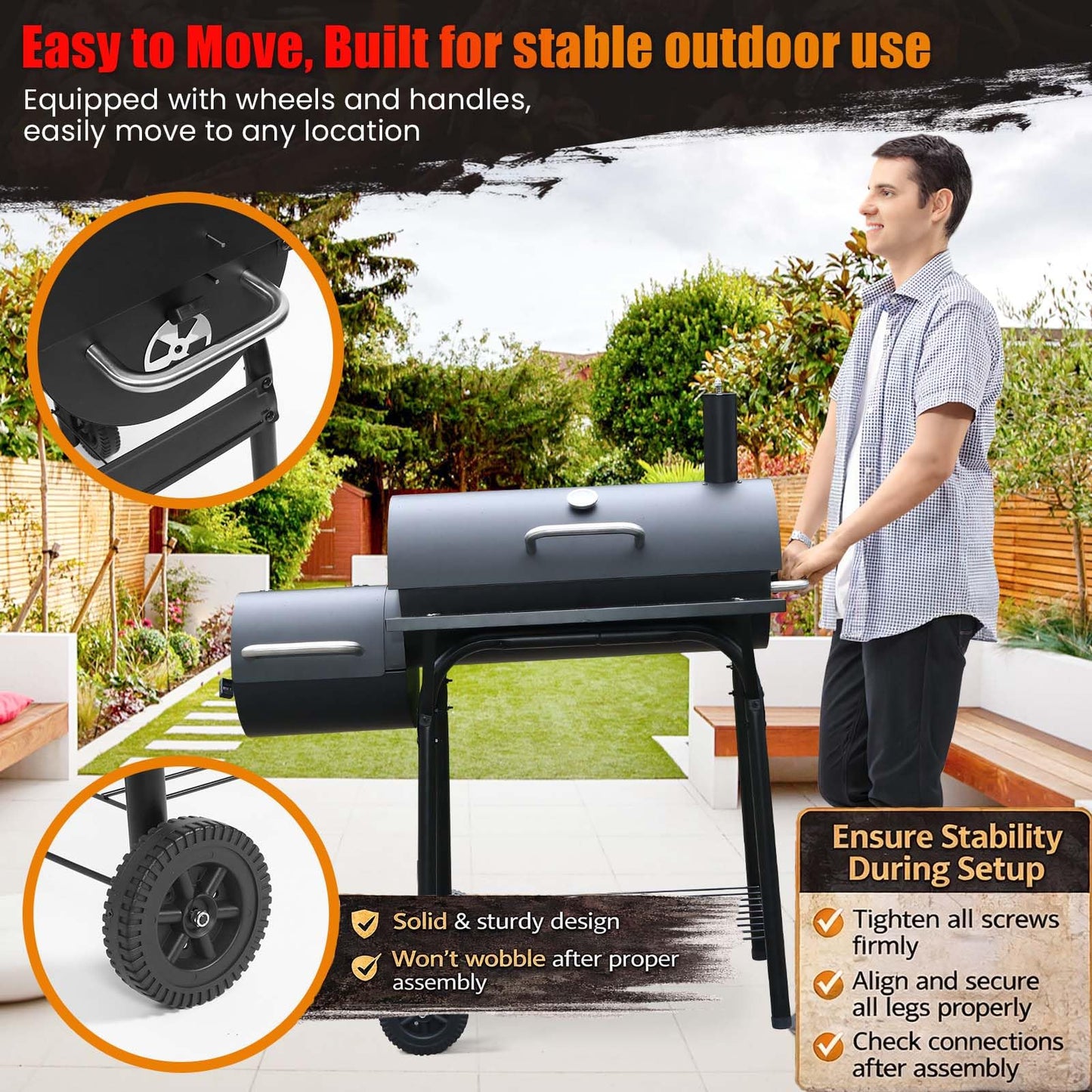 Realcook Charcoal Grills with Offest Smokers: Spacious Barrel Charcoal BBQ Grill | Barbecue Smoker Grill Combo for Outdoor Backyard Patio Camping Picnic and Party