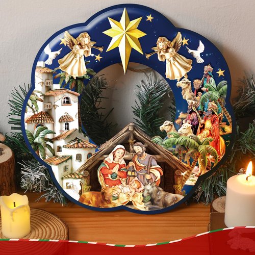 Holy Family Wreath Decorations Christmas Front Door Wreaths Sign Wooden Nativity Scene Christmas Wreath Religious Door Decoration for Window Xmas Home Wall Decor(Holy Family)