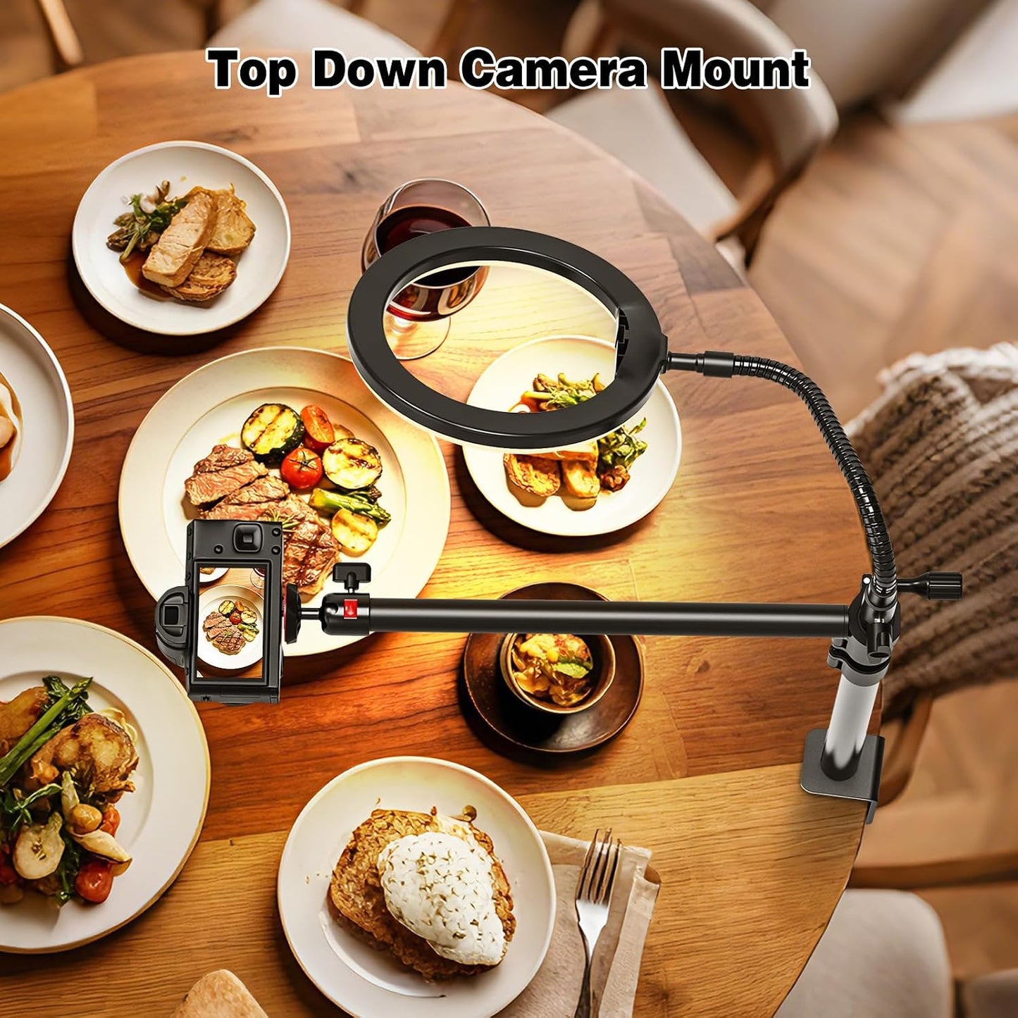 13.4-31.9" 1/4" 3-Section Overhead Camera Mount Desk Stand, Height Articulating Top Down Camera Mount with C-Clamp