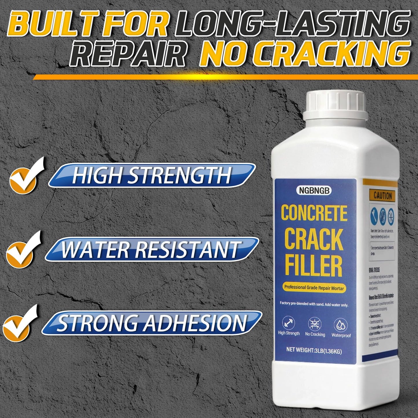 Concrete Crack Filler 3LB Gray - Heavy Duty Dry Granular Mortar Repair Kit for Driveways, Walkways & Patios - DIY Concrete Hole Filler with Quartz Sand, Includes Scraper, Brush & Gloves