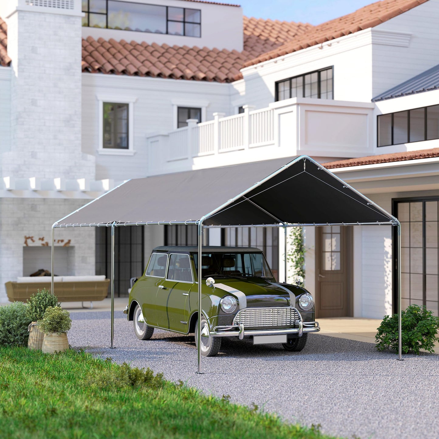 Outsunny 10'x20' Carport Outdoor Heavy Duty Party Tent Galvanized Car Canopy with Included Anchor Kit, 3 Reinforced Steel Cables, Gray