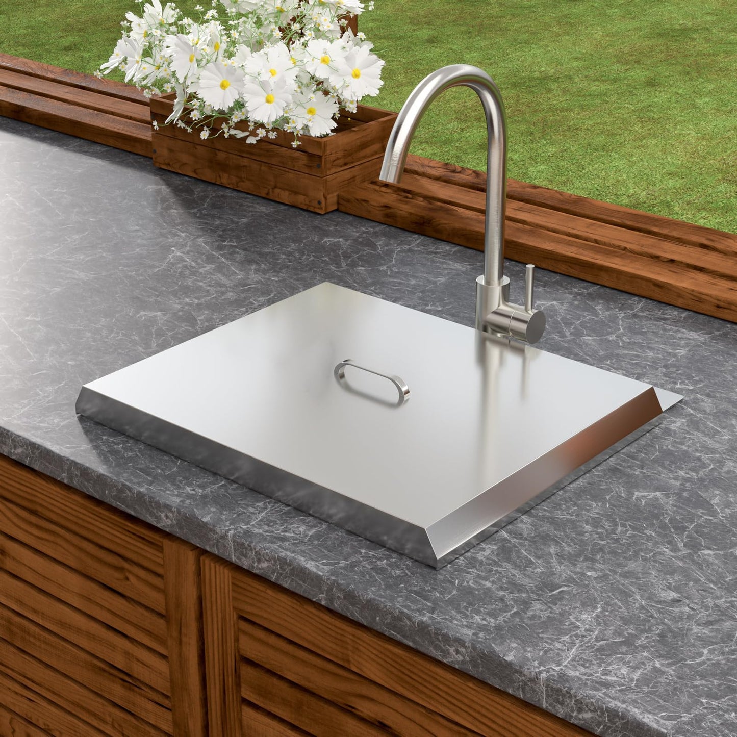 Dcolora 20 In. Outdoor Kitchen Sink, Drop In Workstation Bar Sink for Patio, RV and Utility Use, Single Bowl 304 Stainless Steel with Faucet and Dust Lid, 20"x19"x9" #DC-SFDOE00160