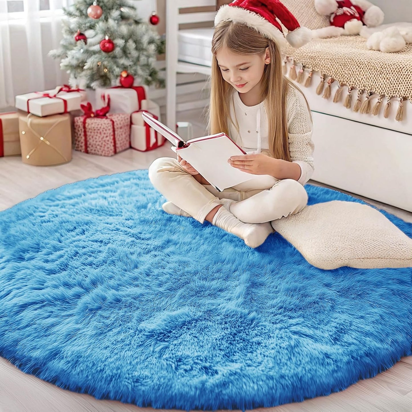 OLANLY Bright Blue Round Rug - Soft, Fluffy Shaggy Carpet for Bedroom | 4 ft Machine Washable Area Rug