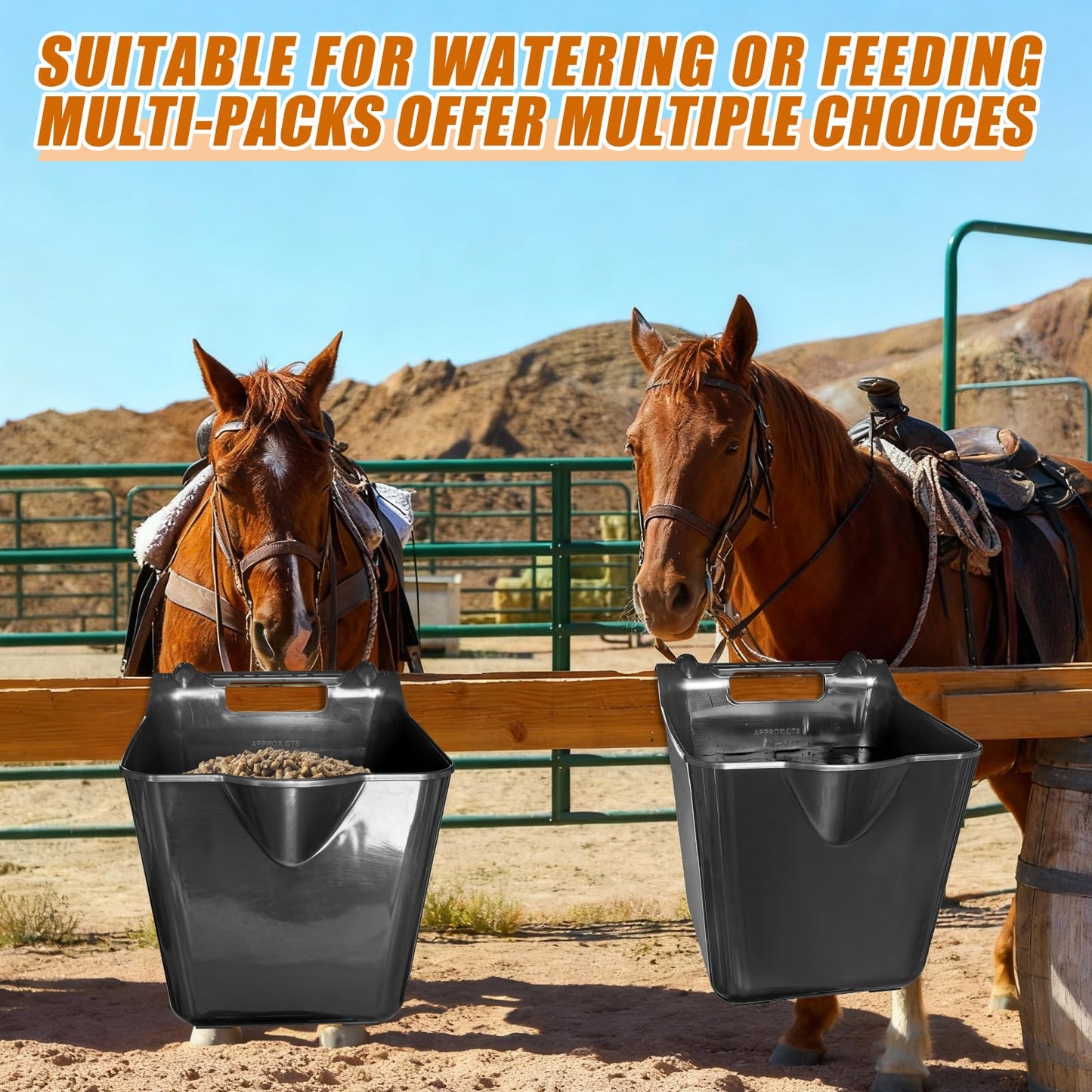 MIYABALA Horse Feed Bucket,15 Quart Plastic Hook Over Horse Feeder for Easy Hanging,Mountable Heavy Duty Livestock Feeders for Horses Sheep Cattle Cows (6)