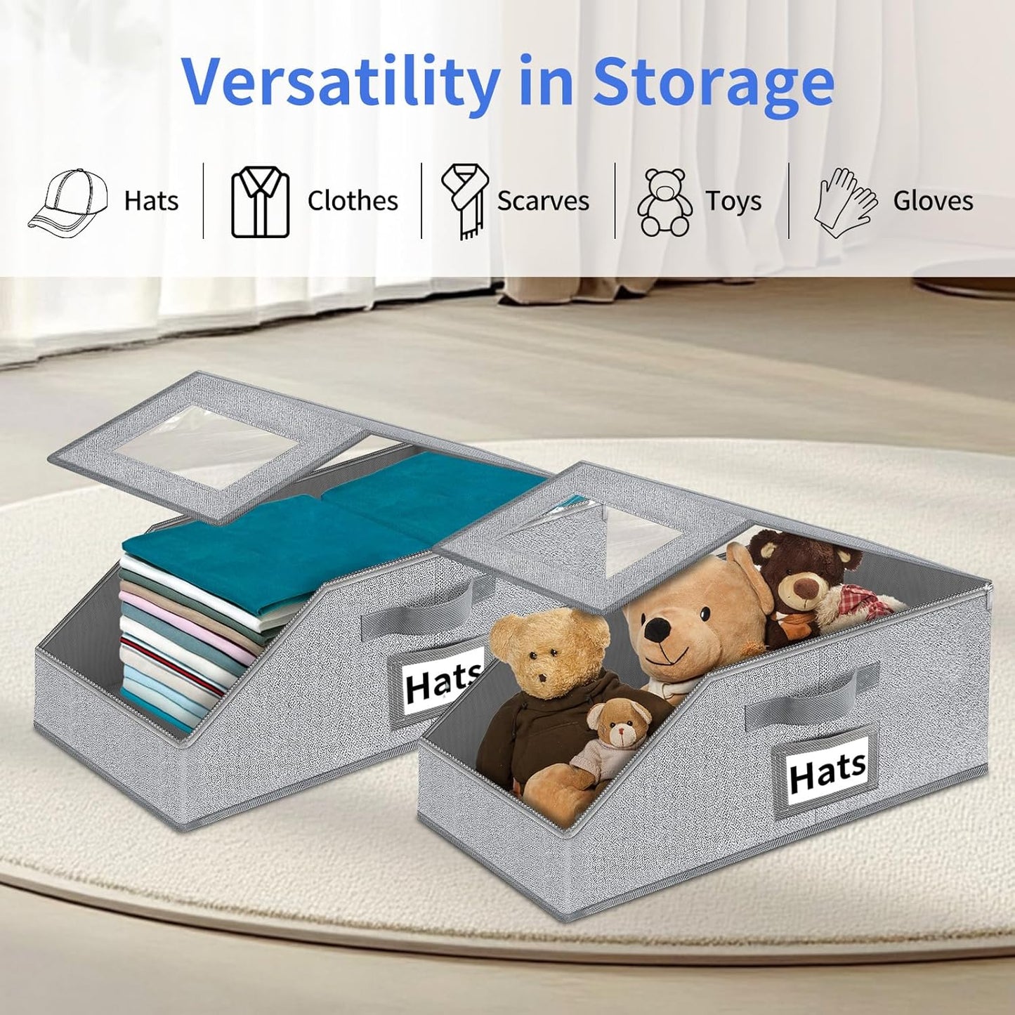 Aokeyee Hat Organizer - 2PCS Stackable Storage with Clear Window Lid | Space-Saving Grey Hat Box