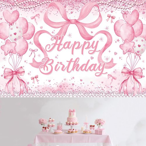 Cute Pink Bownot Birthday Party Backdrop Pink Bow Balloon Happy Birthday Banner Photography Background for Girls Teens Party Supplies 70.8 x 47.2 Inch