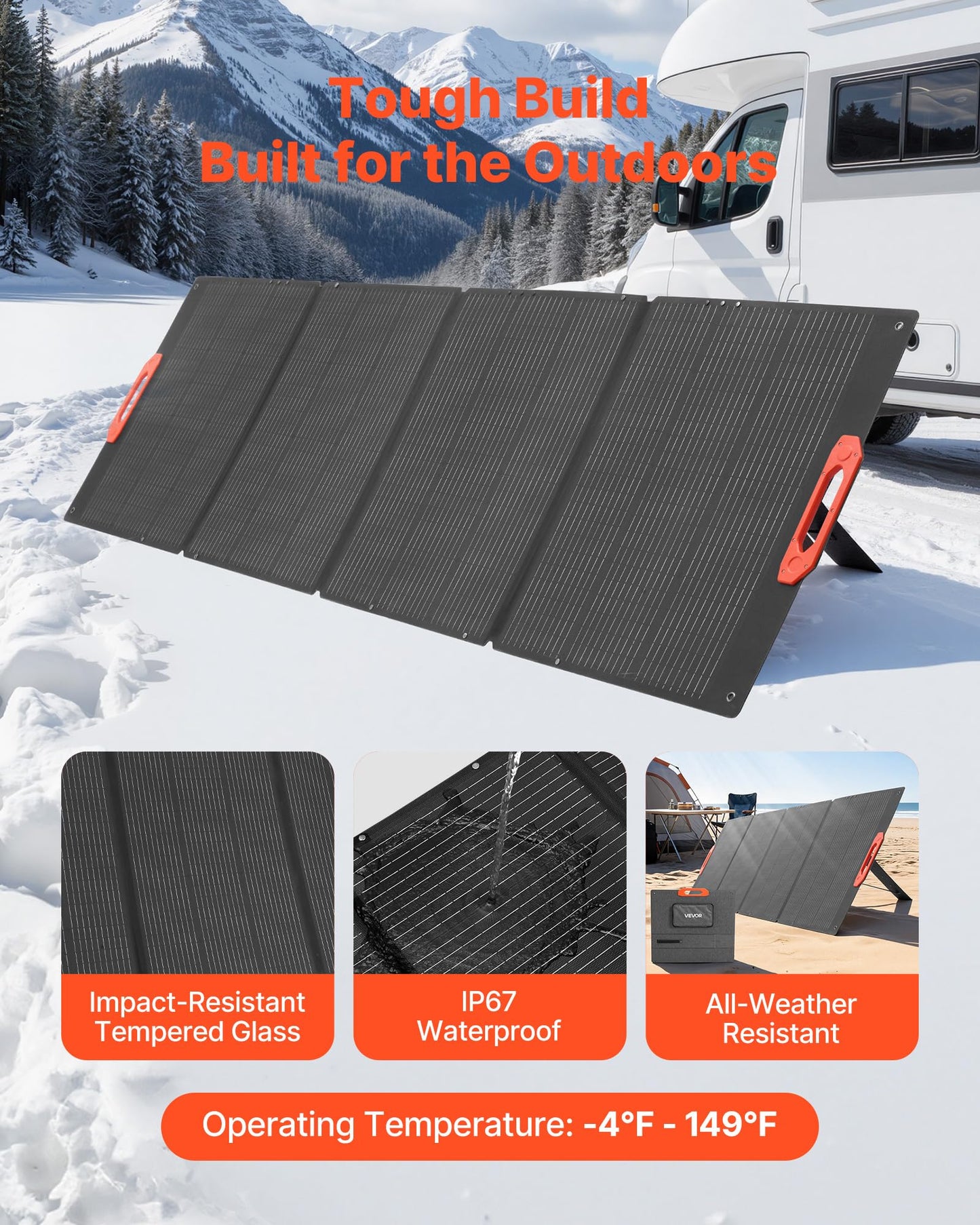 VEVOR 300W Foldable Monocrystalline Solar Panel, 23% High-Efficiency Portable Mono Solar Panel Charger with MC4 Output & 10-in-1 DC Adapters, IP67 Waterproof for Power Stations, Camping, Hiking Trips