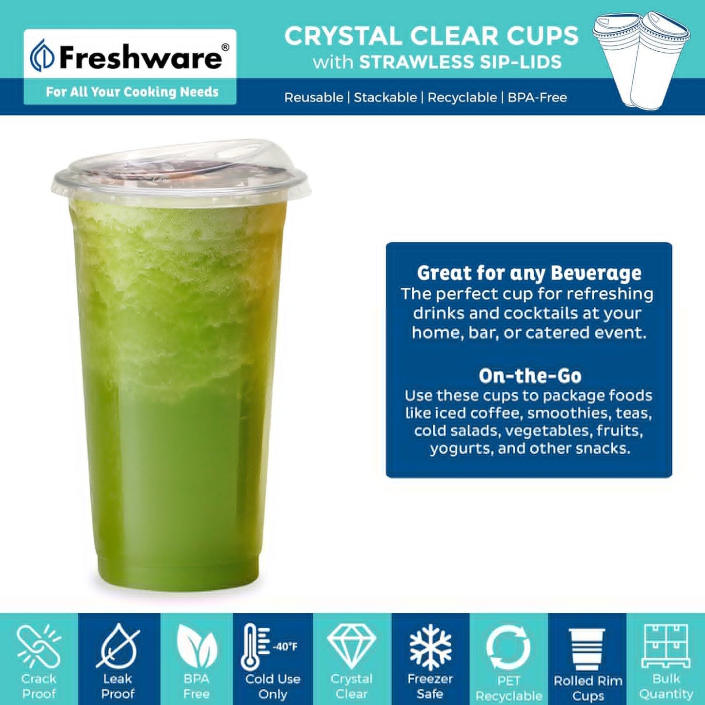 Freshware 24 oz Clear Disposable Plastic Cups - Heavy-Duty Tumblers with Strawless Sip Lids | 100 Pack for Parties