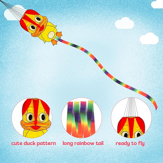 Duck Pattern Kites for Kids, Cute Large Kite Duck Kite with Long Colorful Tail for Kids & Adults, Easy to Fly Kite for Beginners Outdoor Activities